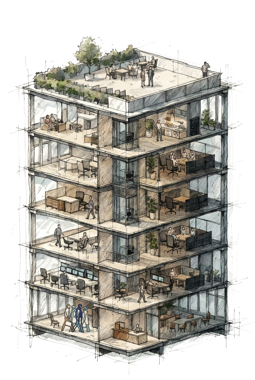Hand-drawn cutaway of an office building, with people working on every floor and a garden on the roof.