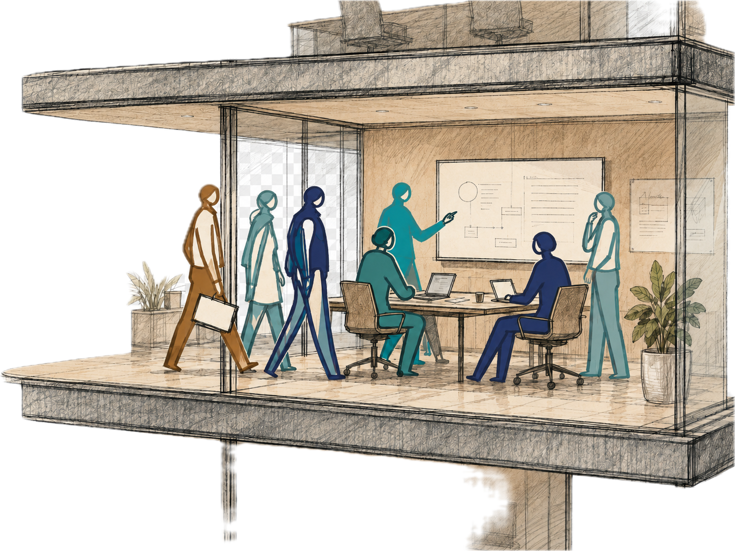 Hand-drawn cutaway of a leadership team working with AI in the room, at a whiteboard on a real value stream.