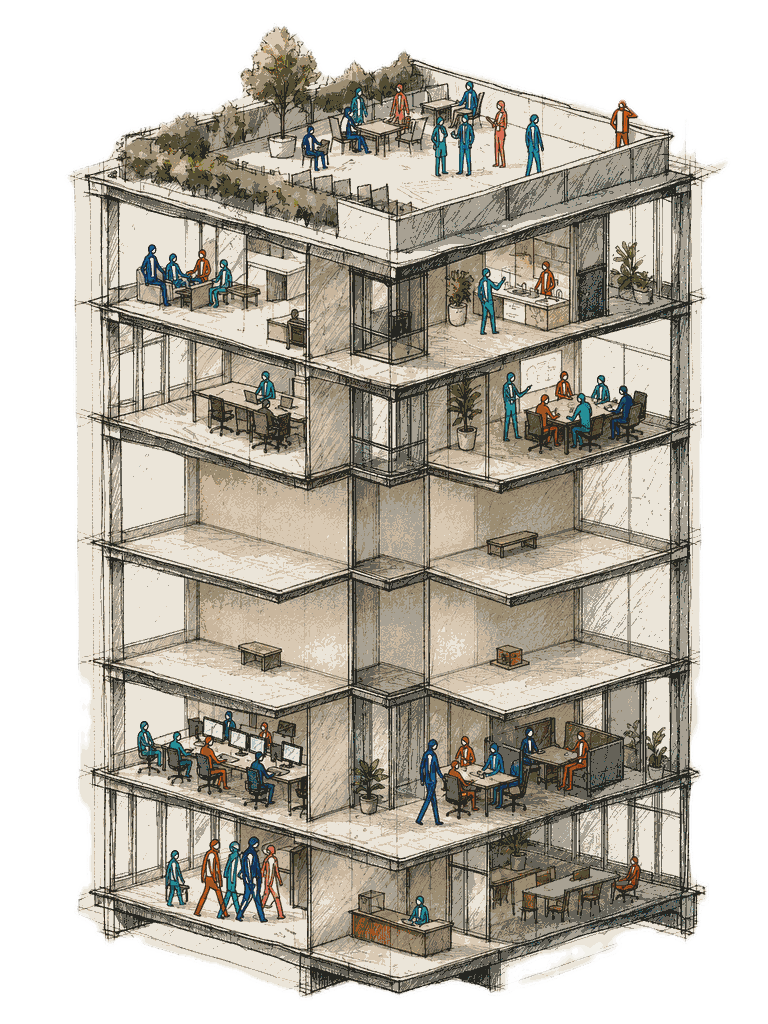 A cutaway drawing of an office building with empty floors at its centre, labelled Building the missing middle.